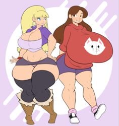 2girls aged_up alternate_ass_size alternate_breast_size arms_behind_back bike_shorts bimbo blonde_hair blunt_bangs boots brown_hair cleavage crop_top curvy_female disney disney_channel female female_only full_body gigantic_breasts gravity_falls hand_on_hip hoop_earrings huge_breasts human human_only hyper_breasts jaeh knees_together_feet_apart long_hair looking_at_another mabel_pines microskirt midriff multiple_girls narrow_waist navel pacifica_northwest pantyshot pigeon-toed pink_legwear pink_socks short_shorts short_sleeves skindentation sneakers straight_hair thicc-verse thick_thighs thighhighs thighhighs_under_boots thunder_thighs wide_hips zettai_ryouiki