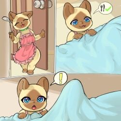 1:1 anthro biped blue_eyes brown_body capcom closed_eyes duo erection_under_blanket felid felyne female hi_res lynian male mammal monster_hunter open_mouth palico rapel smile speech_bubble tan_body