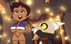 2d accurate_art_style areola_slip arms_behind_back blurry blush breasts brown_eyes brown_hair cleavage clothing crop_top dark-skinned_female dark_skin disney earrings female female_only female_pubic_hair fishnet_thighhighs fishnets highleg highleg_panties huge_breasts indoors jewelry large_breasts luz_noceda navel nipple_slip on_model open_mouth pantsu pubic_hair shirt short_hair short_sleeves smile steca striped striped_panties teeth the_owl_house thelazyart thighhighs underboob underwear