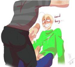 arm_hair baldi baldi's_basics_in_education_and_learning bara black_pants blue_pants blush clothed_sex cock dialogue drawing gay gay_sex green_sweater grey_shirt grinning_at_partner hard_on not_mine nsfw precum precum_drip principal_of_the_thing sinsmonster tumblr unknown_artist unknown_artist_signature unknown_source