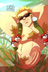 1boy armpit_hair bara barazoku big_penis clothing erection hairy_chest lt_surge male male_nipples male_only male_pubic_hair muscular_male nintendo nipples penis pokemon usagi_(artist)