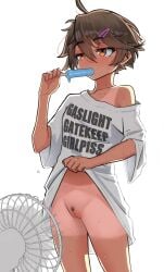 absurdres brown_eyes brown_hair censored electric_fan female food food_in_mouth hair_ornament hairclip highres kyoko_(madaotheory) madaotheory melting_popsicle mosaic_censoring original popsicle popsicle_in_mouth pubic_hair pussy shirt shorts_tan simple_background solo sweat t-shirt tan tanline tanlines tomboy white_background