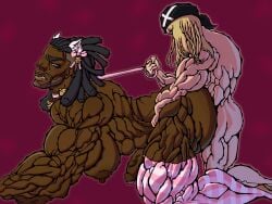 2boys anal anal_sex axl_low bara big_bottom brown_skin buff cat_ears collar dark-skinned_male gay guilty_gear hyper hyper_muscles interracial leash male male_only muscular muscular_male nagoriyuki overly_muscular penis petplay small_top very_dark_skin