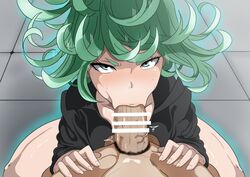 :>= ass bar_censor black_dress censored curly_hair fellatio female green_eyes green_hair looking_at_viewer one-punch_man oral oryuto penis tatsumaki