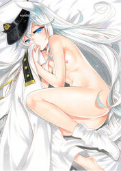 animal_ears artist_name ass bangs barefoot bed_sheet blue_eyes blue_hair blush breasts clothes_removed commentary_request female from_above half-closed_eyes hat hibiki_(kantai_collection) kantai_collection kemonomimi_mode long_hair looking_at_viewer lying military military_uniform naval_uniform nipples nordic_niku nude on_bed on_side peaked_cap single_sock small_breasts socks solo uniform very_long_hair white_hat white_legwear