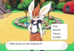 blush bulge bulge_through_clothing cinderace female furry male_cinderace nintendo pocket_campfire pokemon_(species) solo solo_male