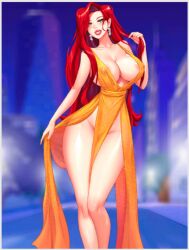 1girls areola_slip big_breasts big_butt breasts covered_nipples dress green_eyes large_breasts long_hair no_bra no_panties nutaku red_hair sexy_beaches slender_body solo sophia_(sexy_beaches) standing