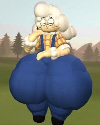 bandage big_ass big_thighs black_eyes black_mouth blue_pants bubble_ass bubble_butt chili_(arthurclaws) chili_(elchilenito) elchilenito forest fur green_ground overalls rec_room sheep sheep_ears thick_ass thick_thighs trees weirdmaker43 white_hair white_skin yellow_shirt