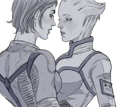 2girls alien anthro artist_request asari blue_skin blue_skinned_female commander_shepard female female/female female_focus female_only femshep human human_female jane_shepard lesbian liara_t'soni mass_effect wholesome yuri