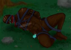 1boy bandana bara bondage bound cum dark_skin gag gagged glowing_cum glowing_eyes league_of_legends male male_only muscles muscular n3m0xx penis_piercing penis_tattoo pyke scar solo tattoo