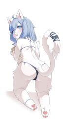 2023 absurd_res ahoge anthro ass bikini blue_eyes blue_hair blush clothing cyberconnect2 digital_drawing_(artwork) digital_media_(artwork) doll domestic_cat felid feline felineko felis female fuga:_melodies_of_steel fur hair hi_res lalamedli little_tail_bronx mammal russian_blue sheena_falafel simple_background solo swimwear tail wet wet_body white_body white_fur