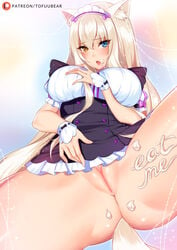 1girls bottomless breasts cleavage coconut_(sayori) dress female female_only half-closed_eyes looking_at_viewer nekopara no_panties patreon pussy solo spread_legs text thick_thighs tofuubear url watermark wide_hips