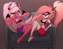 2demons 2girls bra breasts cherri_bomb_(hazbin_hotel) female female_only gatojack3 hazbin_hotel helluva_boss lifted_by_self looking_at_viewer one_eye_closed shirt_lift verosika_mayday_(helluva_boss)