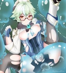 absurdres animal_ears blur_censor blush breasts breasts_out censored dress female fox_ears genshin_impact glasses gloves green_hair highres leggings looking_at_viewer meganekai meganekai15 nipples orange_eyes restrained short_hair shorts slime_(creature) slime_(genshin_impact) slime_monster small_breasts solo sucrose_(genshin_impact) tagme torn_clothes torn_dress torn_leggings torn_shorts vaginal_penetration vision_(genshin_impact)