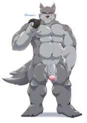 2020 5_fingers 5_toes absurd_res anthro areola balls biceps big_muscles biped canid canine canis claws digital_drawing_(artwork) digital_media_(artwork) facial_scar feet fingers flaccid foreskin fur genitals glans grey_body grey_fur hi_res humanoid_feet humanoid_genitalia humanoid_penis jumperbear looking_at_viewer male mammal muscular muscular_anthro muscular_male navel nipples nude paws pecs penis plantigrade rhett_(ravennightclaw567) scar smile solo tail teeth toe_claws toes vein veiny_penis wolf