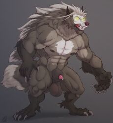 absurd_res animal_genitalia balls big_balls big_penis bodily_fluids canid canine claws fangs fully_sheathed genital_fluids genitals hair hi_res knot long_hair male mammal max_(punkatak) muscular muscular_male mythological_canine mythological_creature mythology penis precum saggy_balls sheath teeth tuft were werecanid werecanine werewolf