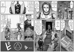 1boy 2018 2girls ada_(fallout) ass assaultron big_ass black_and_white bubble_butt comic dialogue double_deck fallout fallout_4 huge_ass huge_breasts human isabel_cruz large_breasts larger_female machine mechanist monochrome robot sideboob size_difference smaller_male sole_survivor sole_survivor_(male) standing straight text thick_thighs translated video_games voluptuous