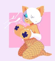 2017 alternate_hairstyle anthro bat big_breasts black_tape blue_eyes breasts clothing cum cum_on_breasts cum_on_face cumshot digital_media_(artwork) dogmalord ejaculation female fishnet gloves hair hair_over_eye half-closed_eyes hi_res kneeling mammal nipple_tape orgasm pasties presenting presenting_breasts rouge_the_bat simple_background slightly_chubby smile solo sonic_(series) tape white_hair