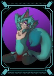 1boy anthro blue_fur bulge cat cyan_hair feline furry glasses hunicast kovicat kovox lackadaisy lingerie lingerie_only male male_focus male_only michael_kovach novadoesart smiling spread_legs voice_actor youtube