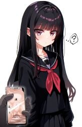 ? black_hair black_sailor_collar black_serafuku black_shirt black_skirt blunt_bangs body_writing cellphone collarbone cum cumdrip female highres hime_cut holding holding_phone kamita light_censor long_hair looking_at_viewer neckerchief original phone pleated_skirt purple_eyes pussy red_neckerchief sailor_collar school_uniform serafuku shirt sidelocks simple_background skirt solo sweat thought_bubble white_background