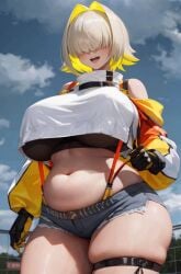 ai_generated blonde_hair breasts_bigger_than_head elegg_(nikke) gigantic_breasts goddess_of_victory:_nikke hair_over_eyes huge_breasts massive_breasts milkersenjoyer multicolored_hair short_hair short_shorts shortstack thick_thighs thighs voluptuous voluptuous_female