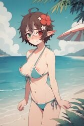 ai_generated artist_name bangs beach bikini brown elf elf_ears embarrassed green_eyes hair hair_flower hair_ornament heterochromia kurly435 messy_hair mira_(kurly435) original_character oversized_breast_cup red_eyes short_hair streaked_hair umbrella water