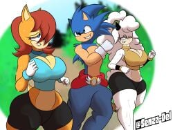 1boy 2girls animal_ears anthro archie_comics big_breasts big_thighs black_nose blue_body blue_eyes blue_fur blue_hair blue_skin breasts breasts_jiggling brown_body brown_fur brown_hair brown_skin chipmunk cleavage clenched_teeth curvy curvy_body curvy_figure exercise exhausted eyelashes fur furry gloves green_eyes ground_squirrel hair_over_one_eye hedgehog horns idw_comics idw_publishing jogging jogging_in_the_park jogging_outfit lanolin_the_sheep mammal pants pink_nose rodent running sally_acorn sega senzadel sheep sheep_girl sheep_horns short_hair shorts side-by-side smirking smirking_at_partner sonic_(series) sonic_the_hedgehog sonic_the_hedgehog_(archie) sonic_the_hedgehog_(comics) sonic_the_hedgehog_(idw) sonic_the_hedgehog_(series) spandex spandex_shorts spiky_hair sportswear sweat sweaty sweaty_body sweaty_breasts tail tank_top thick thick_thighs thighs two_tone_body two_tone_fur white_body white_fur white_hair white_skin wide_hips wildbrain wool wool_(fur) wristband