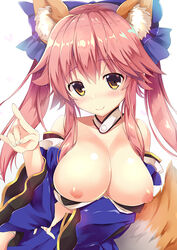 10s bare_shoulders blue_bow blush bow breasts fate/extra fate_(series) female hairbow index_finger_raised japanese_clothes kimono large_breasts long_hair looking_at_viewer maruchan. nipples pink_hair simple_background smile solo tamamo_no_mae_(fate) twintails white_background wide_sleeves yellow_eyes