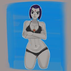 bikini black_swimsuit breasts cartoon_network cleavage dakimakura dc dc_comics english_text female female_only flat_belly goth koriand'r large_breasts looking_at_viewer purple_hair rachel_roth raven_(dc) ravenravenraven short_hair solo teen_titans themasked_men thick_thighs toonami