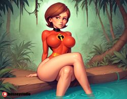 ai_generated artist_name ass barefoot big_breasts breasts brown_eyes brown_hair clothing crossed_legs disney elastigirl feet female female_only forest helen_parr impossible_clothes impossible_leotard jousneystudio large_breasts leotard lips looking_at_viewer nature nose orange_leotard outdoors partially_submerged patreon_username pixar plant red_leotard short_hair sitting skin_tight smile soaking_feet solo superheroine the_incredibles thick_thighs thighs tree water watermark web_address wide_hips