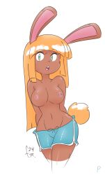 1girls 2024 artist_signature bunny_ears bunny_girl bunny_tail chew_(fernal-red) cowboy_shot fernal-red fernal-scarlet green_eyes hourglass_figure lagomorph nipple_piercing nipples open_mouth shorts simple_background topless topless_female