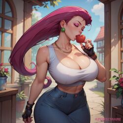 1female 1girls ai_generated aiperfectanime ass big_ass big_breasts breasts cleavage curvy female female_only hip_dips huge_breasts jeans jessie_(pokemon) large_breasts midriff nintendo perfect_body pokemon pokemon_(anime) pokemon_rgby skimpy_clothes skindentation solo solo_female team_rocket thick thick_ass thick_thighs thighs voluptuous voluptuous_female wide_hips