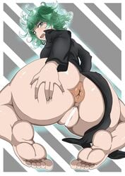 1girls anus ass ass_grab barefoot black_dress bottomless censored curly_hair feet female female_only from_behind green_eyes green_hair huge_ass no_panties one-punch_man oryuto puffy_anus pussy soles solo tatsumaki toes