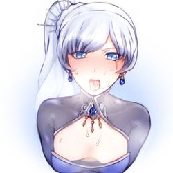 blue_eyes blush cum cum_in_mouth female looking_at_viewer mystral_outfit pubic_hair rwby small_breasts solo_focus weiss_schnee weiss_schnee_(mystral)