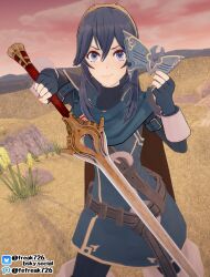 >:) 1girls 3d blue_eyes blue_hair breasts cape falchion_(fire_emblem) fefreak726 female female_only fingerless_gloves fire_emblem fire_emblem_awakening gloves long_hair looking_at_viewer lucina_(fire_emblem) mask medium_breasts nintendo outdoors pantyhose pose smile solo sword symbol-shaped_pupils tiara weapon