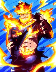 1boy bara barazoku big_bulge bulge clothing daddy dilf endeavor_(my_hero_academia) enji_todoroki erection_under_clothes hi_res highres looking_at_viewer male male_nipples male_only manly mature_male muscular_male my_hero_academia nipples penis_outline red_hair scar tight_clothing usagi_(artist)