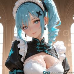 +_+ 1girl ai_generated bangs blue_eyes blue_hair blush breasts cleavage closed_mouth clothing_cutout dress drill_hair earrings female female_only gwen hair_ornament indoors jewelry kermixx large_breasts league_of_legends long_hair looking_at_viewer maid maid_headdress puffy_sleeves shiny shiny_skin side_ponytail smile solo upper_body window