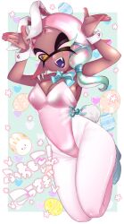 1girls 2024 arms_up artist_request background big_breasts black_mask breasts bunny bunny_costume bunny_ears bunny_girl bunny_tail bunnysuit costume dark-skinned_female dark_skin digital_media_(artwork) ear_piercing easter easter_eggs eyebrows frye_(splatoon) frye_onaga hair hi_res high_heels japanese_text light_blue_hair looking_at_viewer marine marine_humanoid mollusk mollusk_humanoid multicolored_hair nintendo one_eye_closed open_mouth open_smile pink_eyebrows pink_hair pointy_eared_humanoid pointy_ears pseudo_hair purple_tongue sharp_teeth short_hair splatoon splatoon_(series) splatoon_3 tentacle tentacle_hair winking_at_viewer yellow_eyes