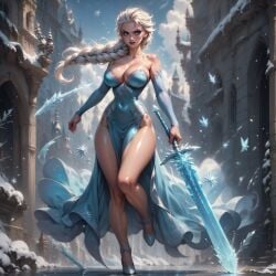 1girls ai_generated blue_eyes boob_window breasts cleavage elsa_(frozen) frozen_2 high_heels league69 long_hair looking_at_viewer no_panties solo sword weapon white_hair