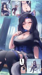 anime_style bench big_breasts black_hair blue_eyes blush breasts cat_ears cleavage comic comic_page giantess grass long_hair macrophilia nature red_eyes shrunk shrunken tiny_person tree twitter