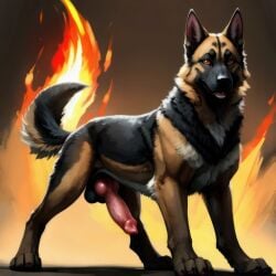 1boy ai_generated animal_genitalia animal_penis balls big_penis canid canine canine_genitalia canine_penis canis domestic_dog erection feral fur german_shepherd hi_res knot male male_only mammal penis quadruped snout tail