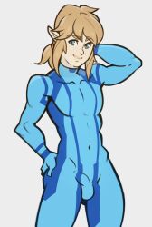 1boy blonde_hair bodysuit breath_of_the_wild bulge crossdressing link link_(breath_of_the_wild) male male_only metroid penis_under_clothes samus_aran_(cosplay) solo splashbrush the_legend_of_zelda twink white_background zero_suit