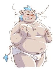 1boy 2024 anthro belly big_belly blush bodily_fluids bulge clothing ganglie genital_fluids kemono lifewonders male male_only mammal moobs navel nipples overweight overweight_male precum simple_background solo suid suina sus_(pig) takagi_kyou tokyo_afterschool_summoners underwear white_background white_underwear wild_boar