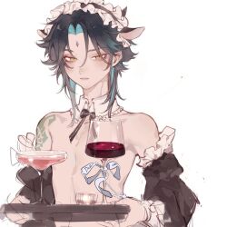 1boy 1femboy alcohol drinks feminine gay genshin_impact girly maid_headdress maid_uniform male male_focus male_only malesub servant skinny solo_male tagme tray twink wine_glass xiao_(genshin_impact) yaoi