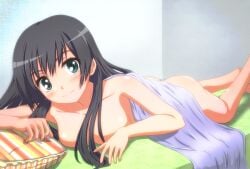 1girls after_sex bed black_hair blue_eyes blush breasts female female_only happy large_breasts nude on_bed on_stomach pillow saten_ruiko smile teenage_girl teenager to_aru_kagaku_no_railgun to_aru_majutsu_no_index young younger_female