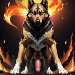 1boy ai_generated animal_genitalia animal_penis balls big_penis canid canine canine_genitalia canine_penis canis domestic_dog erection feral fur german_shepherd hi_res knot male male_only mammal penis quadruped snout