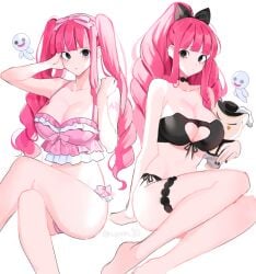 1girls bikini black_bow black_bra black_eyes black_lingerie black_panties bra breasts choker cleavage_cutout female female_only ghost hair_ribbon hairbow joman large_breasts lingerie looking_at_viewer midriff navel one_piece painted_fingernails panties perona pink_bikini pink_bow pink_hair pink_swimsuit ponytail saram_80 side-tie_panties swimsuit tattoo tattoo_on_arm thigh_strap twintails