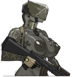 big_breasts breasts casual faceless_female female female_only firearm grey_body holding_weapon humanoid nipples nisetanaqa rifle robot solo tactical_nudity thick_thighs weapon