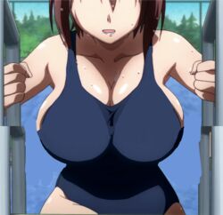 armpits bikini breasts brown_hair busty cleavage edit hands huge_breasts mitsuki_sohara no_eyes open_mouth pool sora_no_otoshimono stitched wet