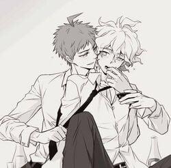 2boys clothed danganronpa danganronpa_2:_goodbye_despair finger_in_mouth gay greyscale hinata_hajime male male/male male_only monochrome nagito_komaeda straight_hair tie_pull yaoi